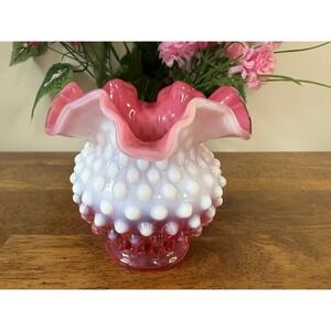 Vintage Cranberry Opalescent Hobnail Vase Ruffled Edge Fenton Style Glass Decor
